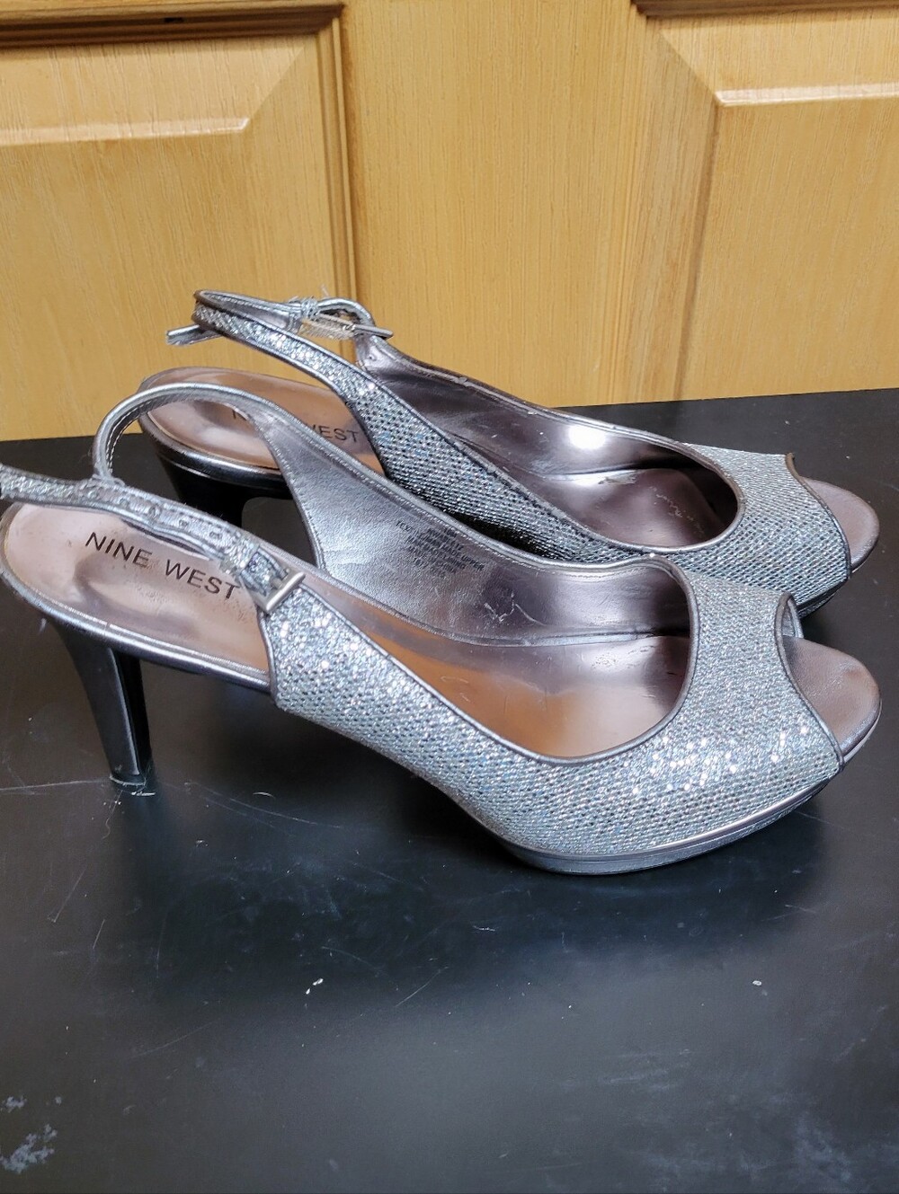 Nine West Silver Glitter Peep-Toe Slingback Heels